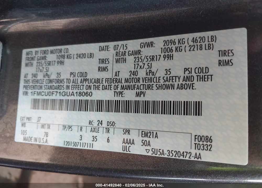 2016 FORD ESCAPE S VIN: 1FMCU0F71GUA18060