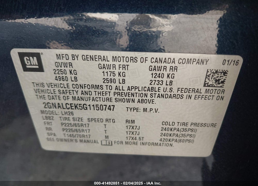 2016 CHEVROLET EQUINOX LT VIN: 2GNALCEK5G1150747