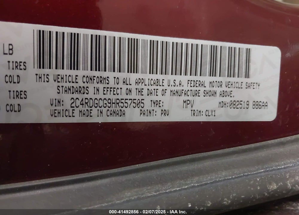 2017 DODGE GRAND CARAVAN SXT VIN: 2C4RDGCG9HR557505