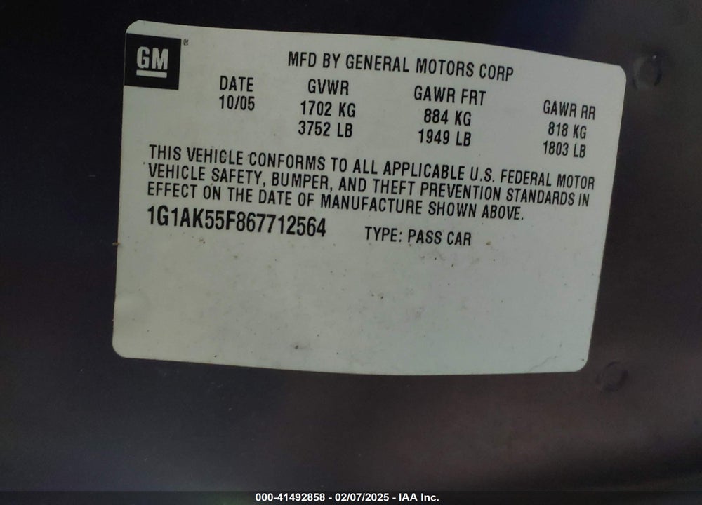 2006 CHEVROLET COBALT VIN: 1G1AK55F867712564