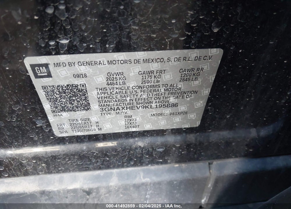 2019 CHEVROLET EQUINOX LS VIN: 3GNAXHEV9KL195886