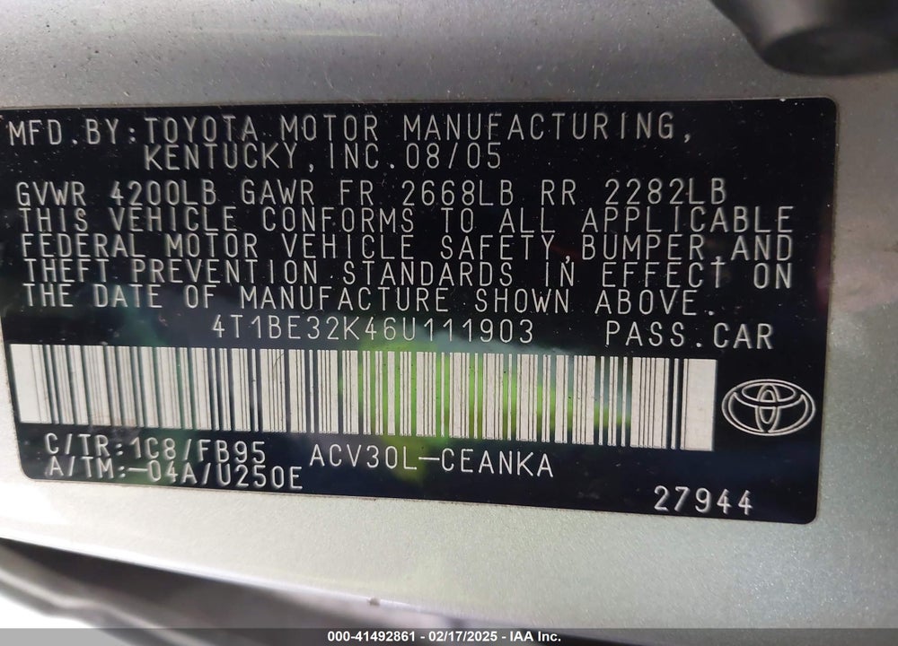 2006 TOYOTA CAMRY VIN: 4T1BE32K46U111903