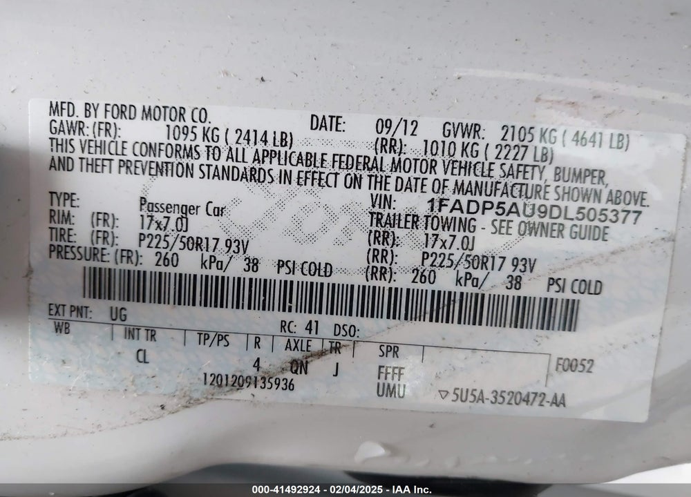 2013 FORD C-MAX HYBRID VIN: 1FADP5AU9DL505377