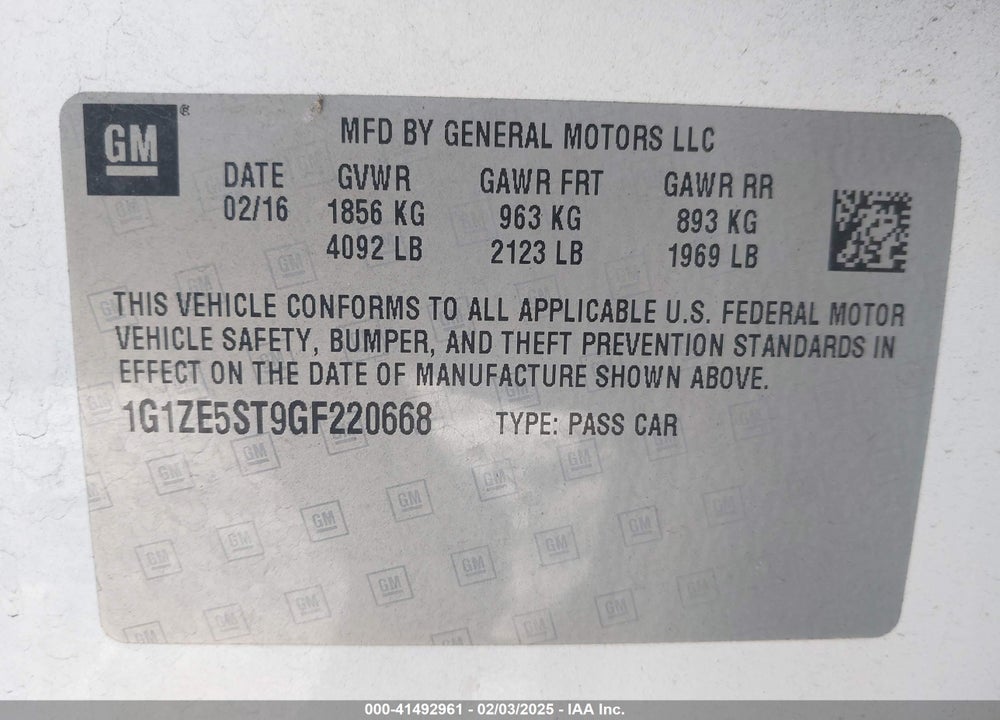 2016 CHEVROLET MALIBU VIN: 1G1ZE5ST9GF220668
