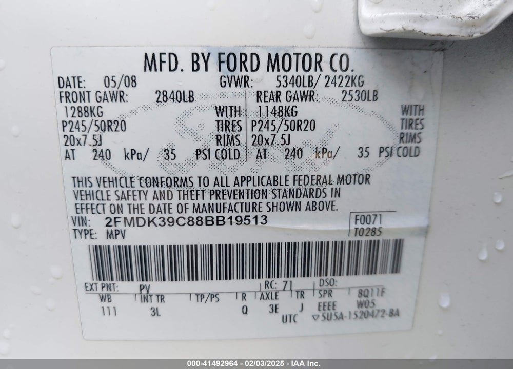 2008 FORD EDGE LIMITED VIN: 2FMDK39C88BB19513