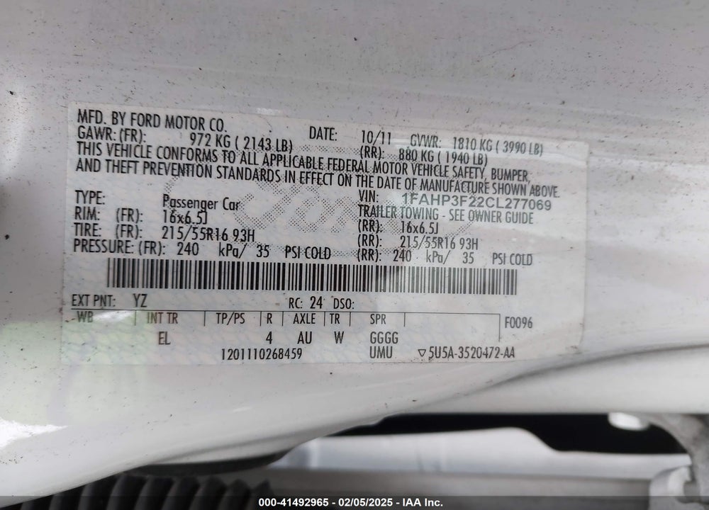 2012 FORD FOCUS SE VIN: 1FAHP3F22CL277069