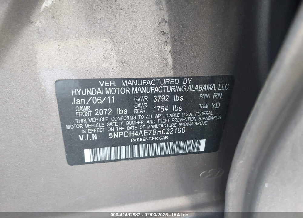 2011 HYUNDAI ELANTRA GLS VIN: 5NPDH4AE7BH022160
