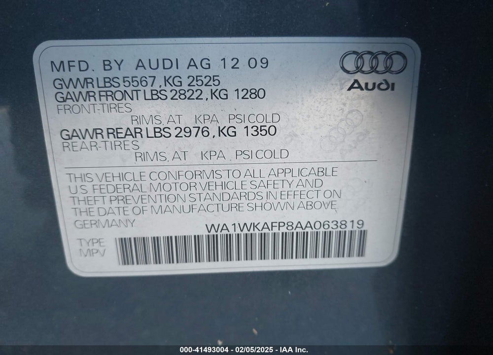 2010 AUDI Q5 3.2 PREMIUM VIN: WA1WKAFP8AA063819