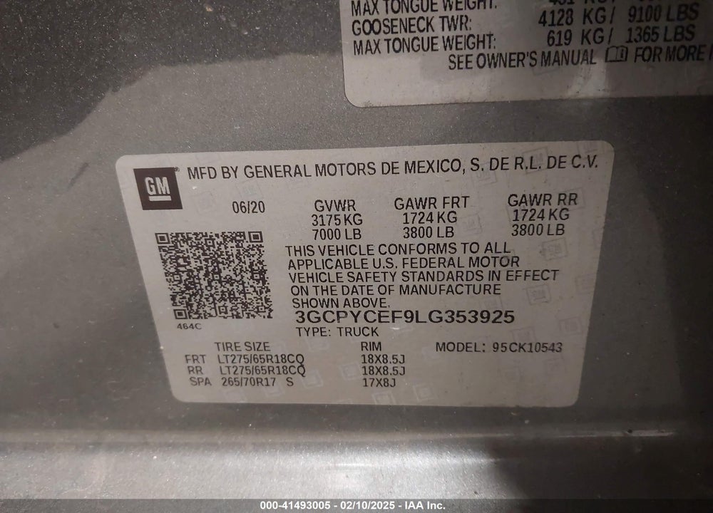 2020 CHEVROLET SILVERADO VIN: 3GCPYCEF9LG353925
