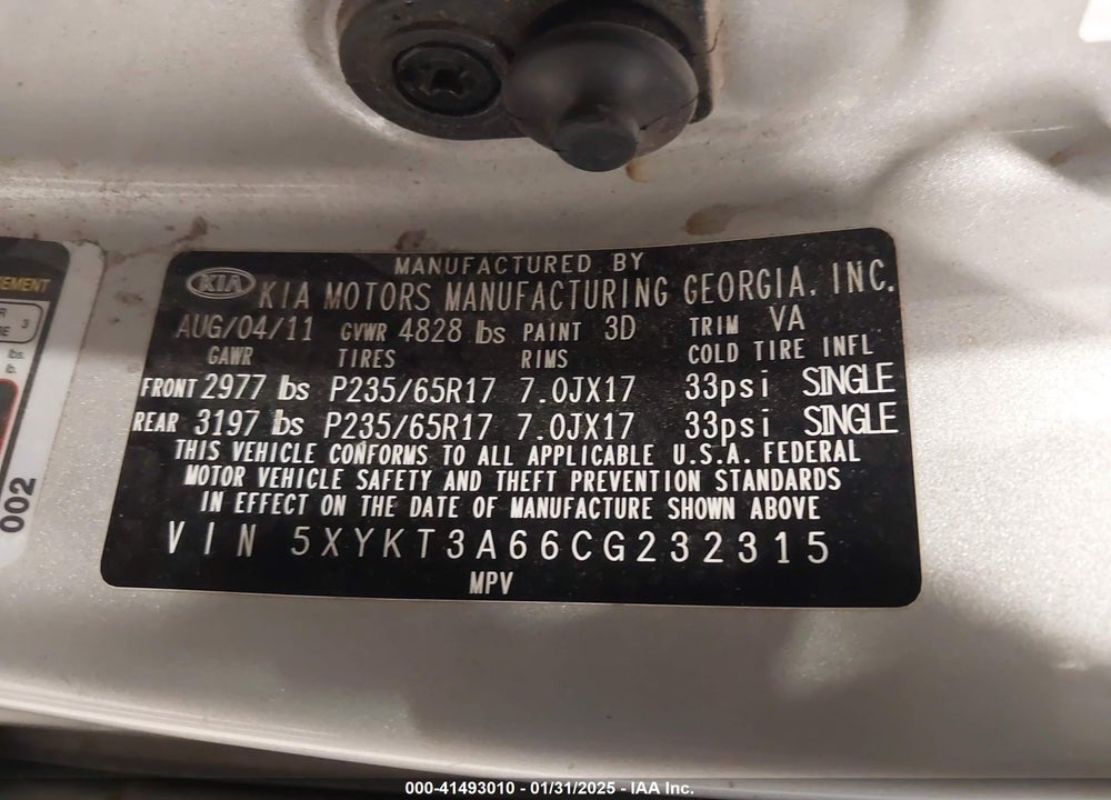 2012 KIA SORENTO LX VIN: 5XYKT3A66CG232315