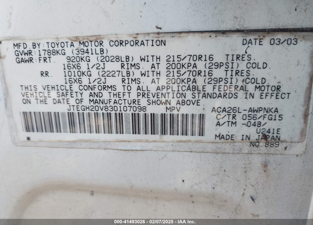 2003 TOYOTA RAV4 VIN: JTEGH20V830107098