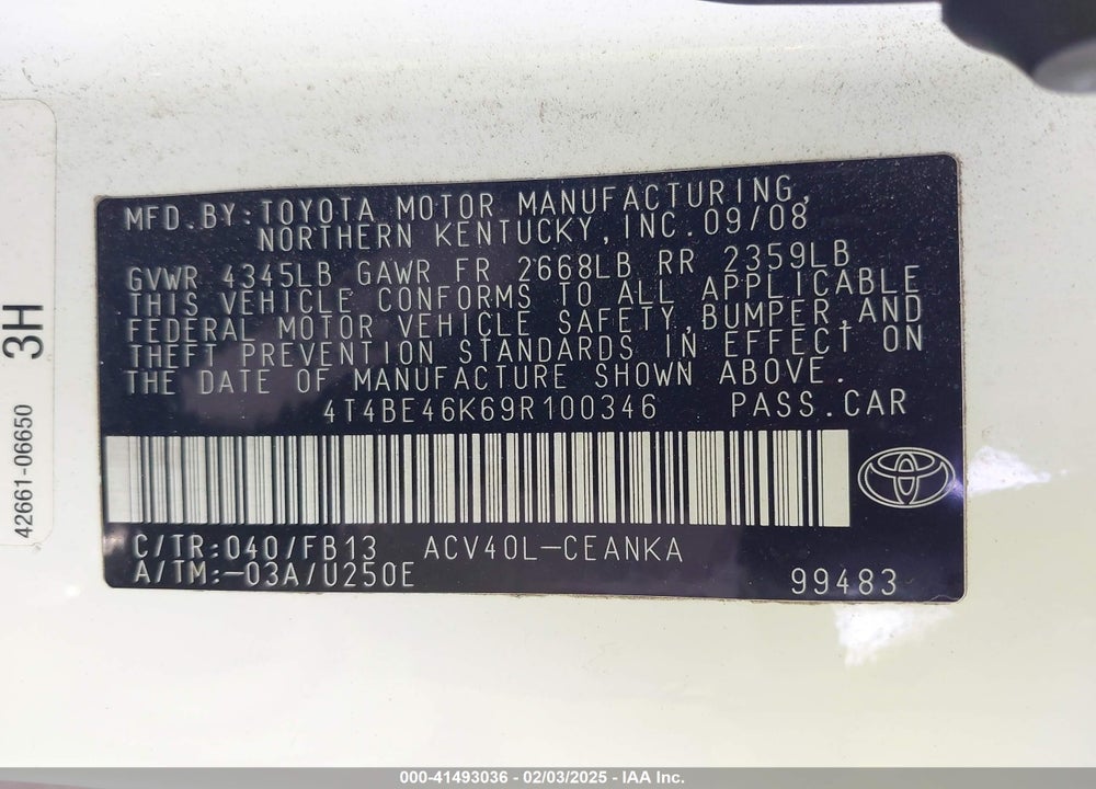 2009 TOYOTA CAMRY LE VIN: 4T4BE46K69R100346