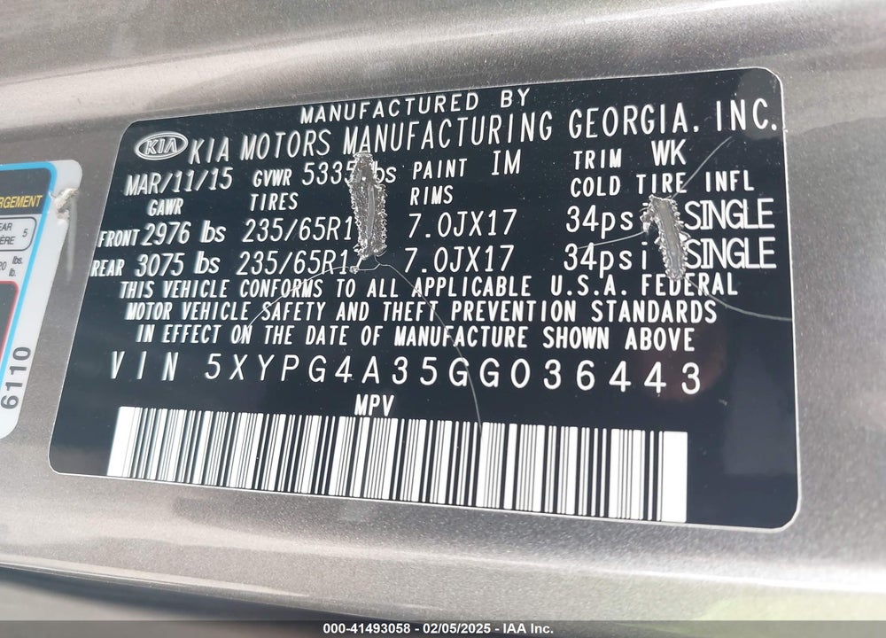 2016 KIA SORENTO 2.4L LX VIN: 5XYPG4A35GG036443