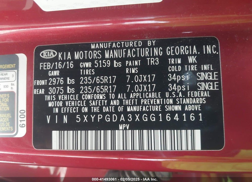 2016 KIA SORENTO 2.4L LX VIN: 5XYPGDA3XGG164161