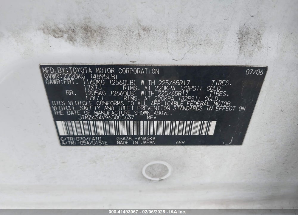 2006 TOYOTA RAV4 LIMITED V6 VIN: JTMZK34V965005637