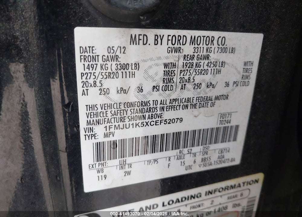 2012 FORD EXPEDITION LIMITED VIN: 1FMJU1K5XCEF52079