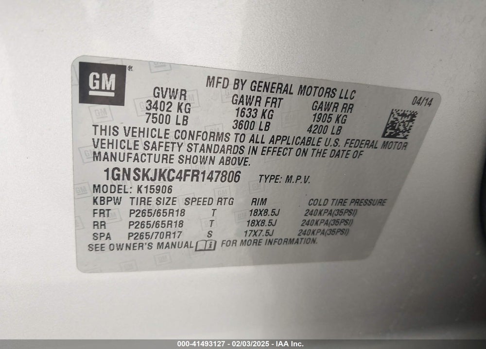 2015 CHEVROLET SUBURBAN 1500 LT VIN: 1GNSKJKC4FR147806