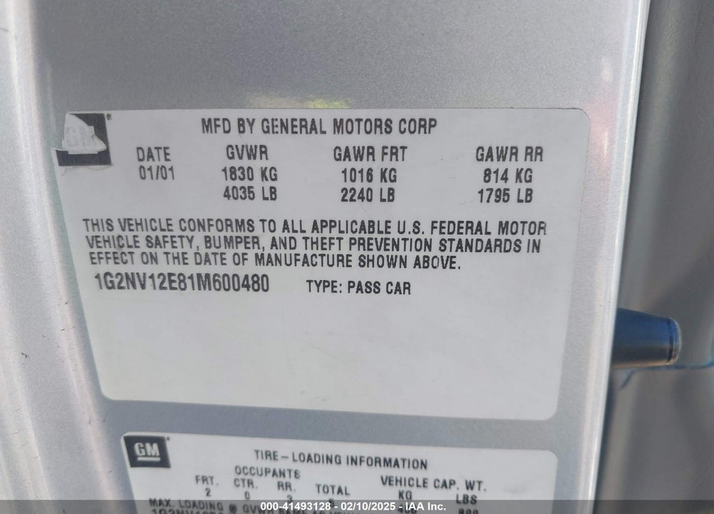 2001 PONTIAC GRAND AM GT1 VIN: 1G2NV12E81M600480