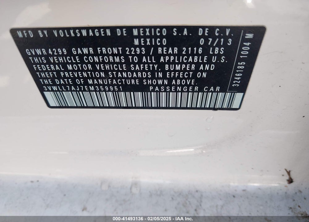 2014 VOLKSWAGEN JETTA VIN: 3VWLL7AJ7EM359951
