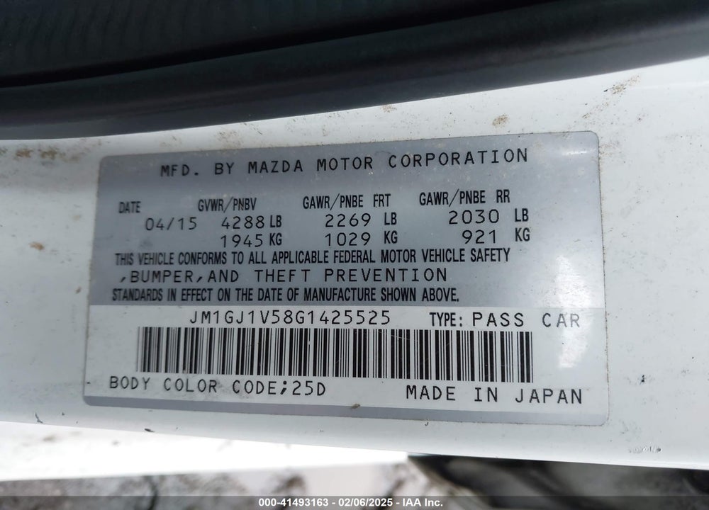 2016 MAZDA MAZDA6 VIN: JM1GJ1V58G1425525