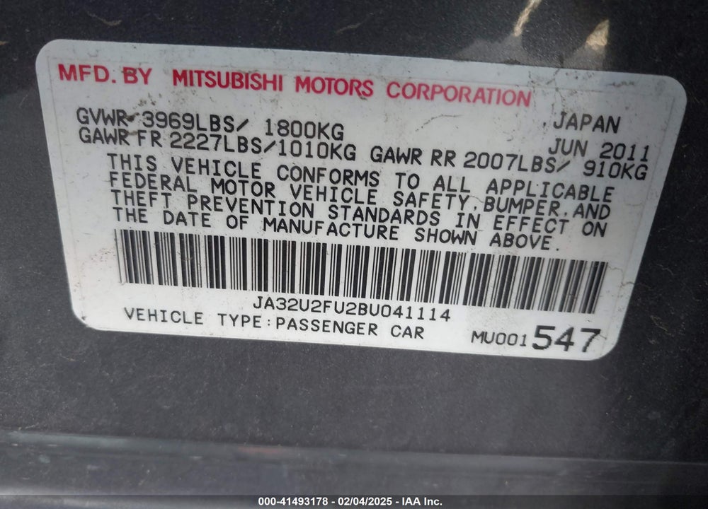 2011 MITSUBISHI LANCER VIN: JA32U2FU2BU041114