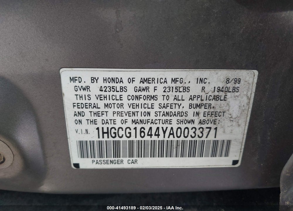 2000 HONDA ACCORD 3.0 LX VIN: 1HGCG1644YA003371