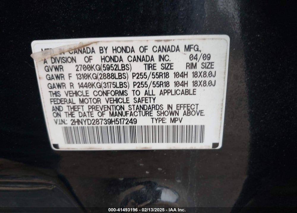 2009 ACURA MDX SPORT PACKAGE VIN: 2HNYD28739H517249