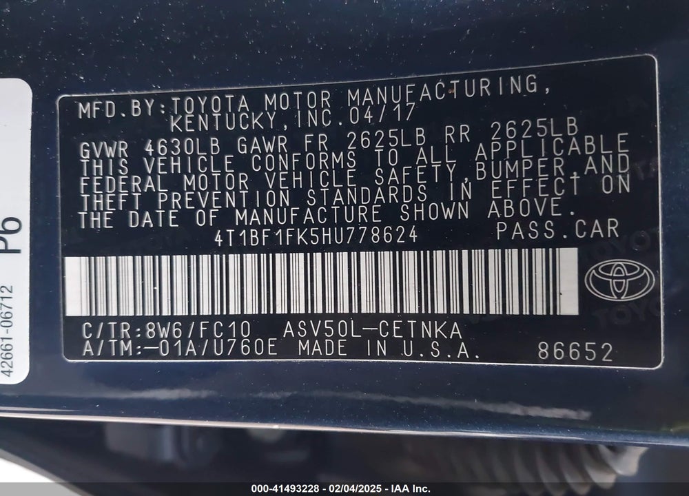 2017 TOYOTA CAMRY VIN: 4T1BF1FK5HU778624