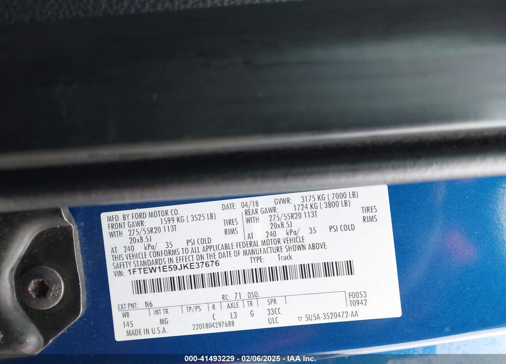 2018 FORD F-150 VIN: 1FTEW1E59JKE37676