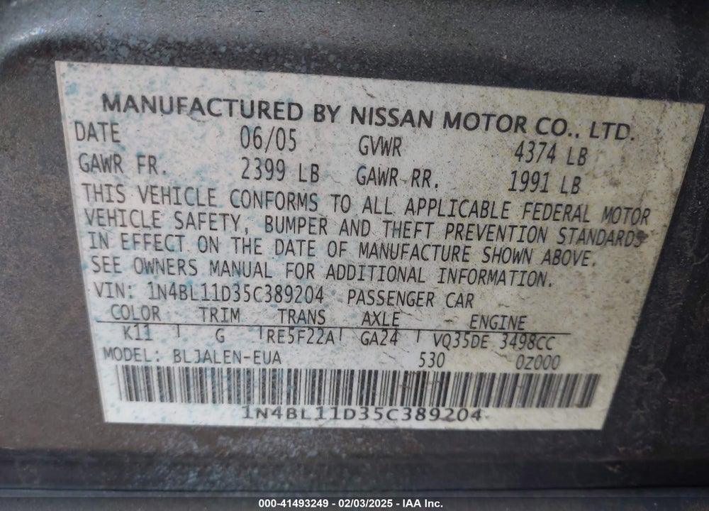 2005 NISSAN ALTIMA 3.5 SE-R VIN: 1N4BL11D35C389204