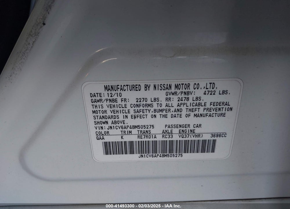 2011 INFINITI G37 VIN: JN1CV6AP4BM505275