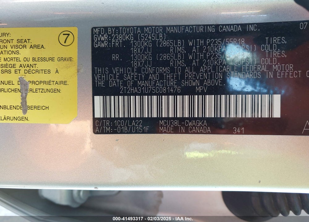 2005 LEXUS RX 330 VIN: 2T2HA31U75C081476