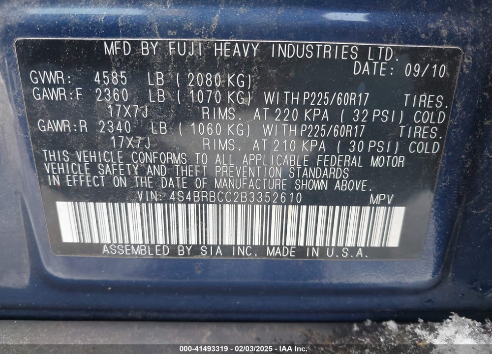 2011 SUBARU OUTBACK 2.5I PREMIUM VIN: 4S4BRBCC2B3352610