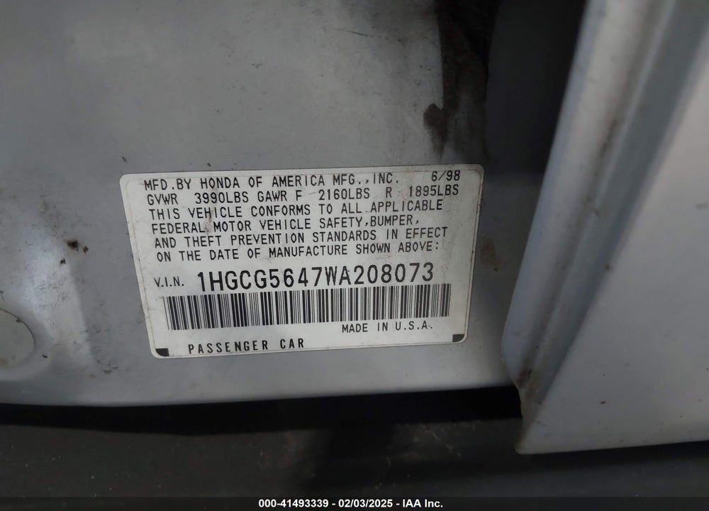 1998 HONDA ACCORD LX VIN: 1HGCG5647WA208073