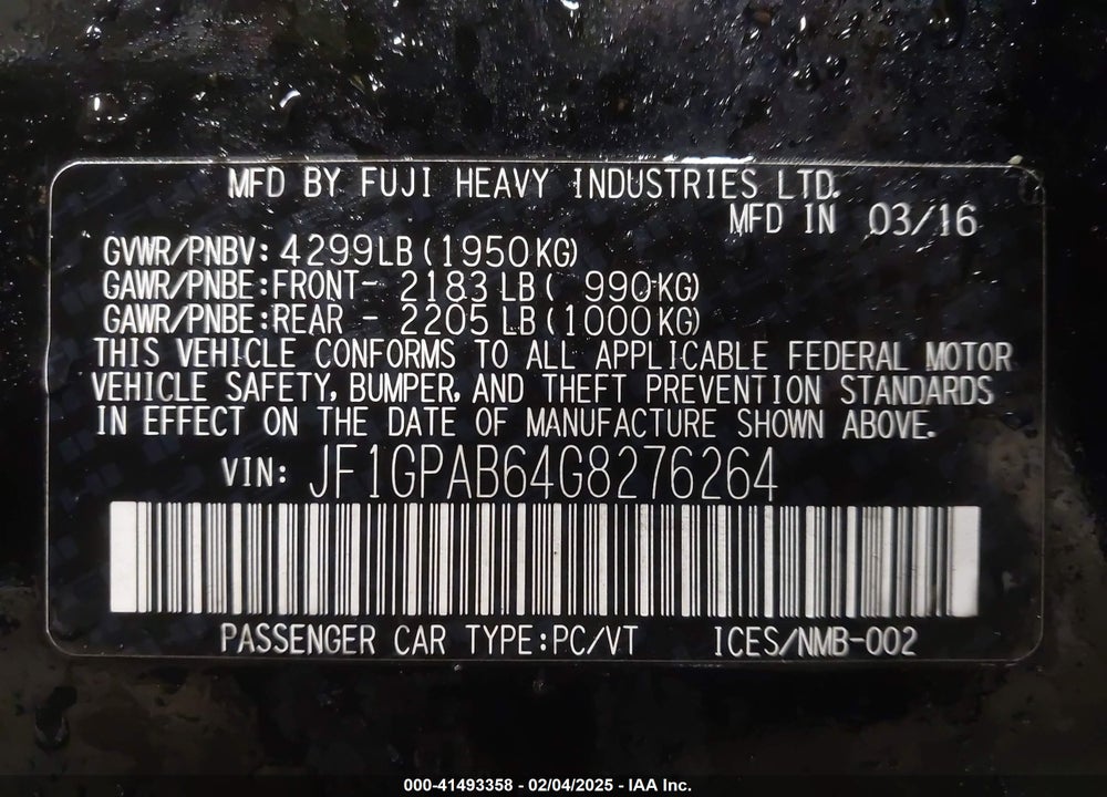 2016 SUBARU IMPREZA VIN: JF1GPAB64G8276264