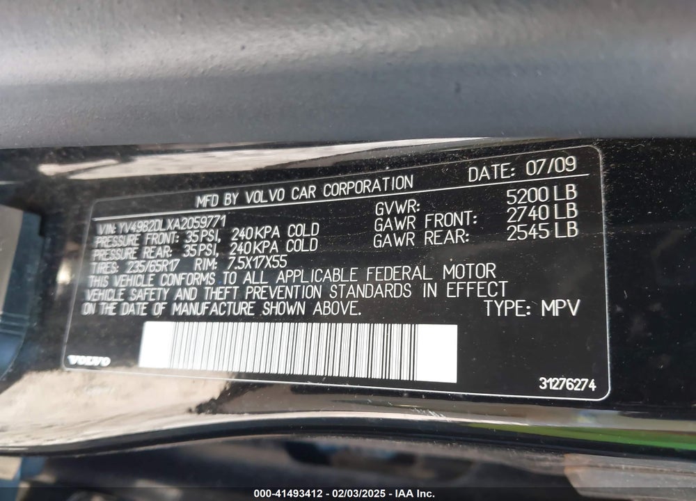 2010 VOLVO XC60 3.2 VIN: YV4982DLXA2059771