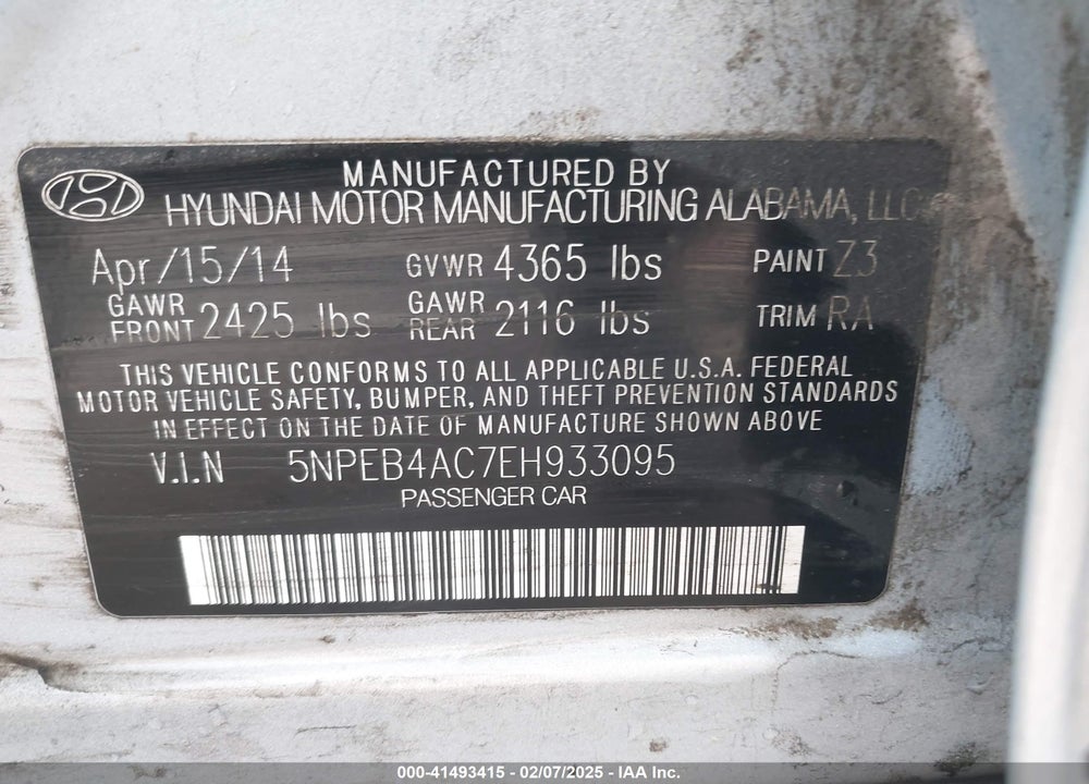2014 HYUNDAI SONATA VIN: 5NPEB4AC7EH933095