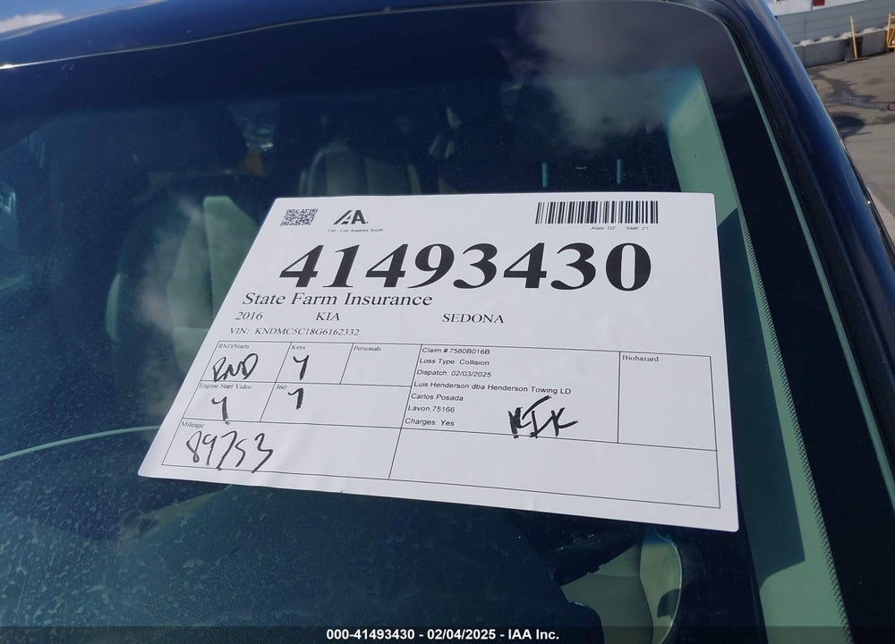 2016 KIA SEDONA VIN: KNDMC5C18G6162332
