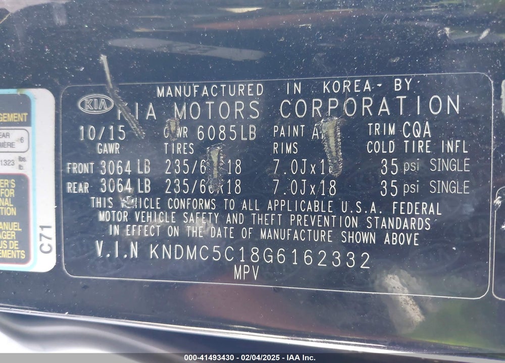 2016 KIA SEDONA VIN: KNDMC5C18G6162332