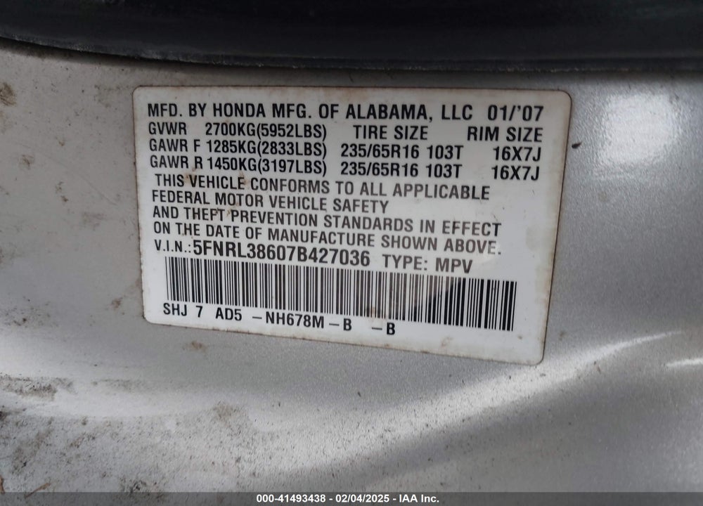 2007 HONDA ODYSSEY EX-L VIN: 5FNRL38607B427036