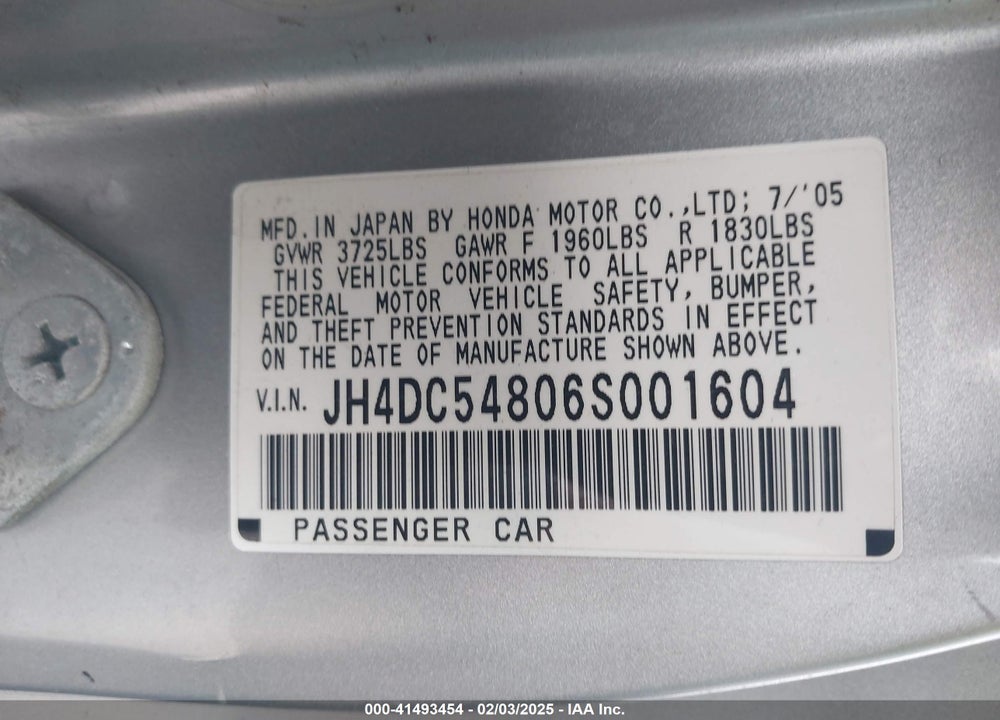 2006 ACURA RSX VIN: JH4DC54806S001604
