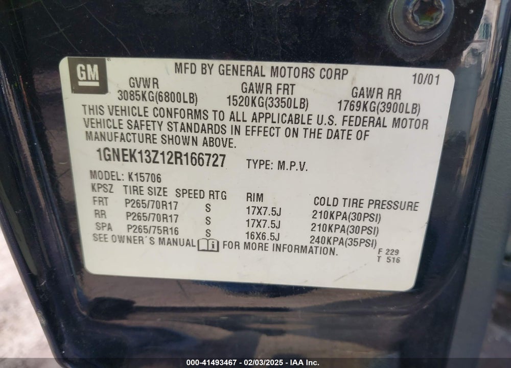 2002 CHEVROLET TAHOE Z71 VIN: 1GNEK13Z12R166727