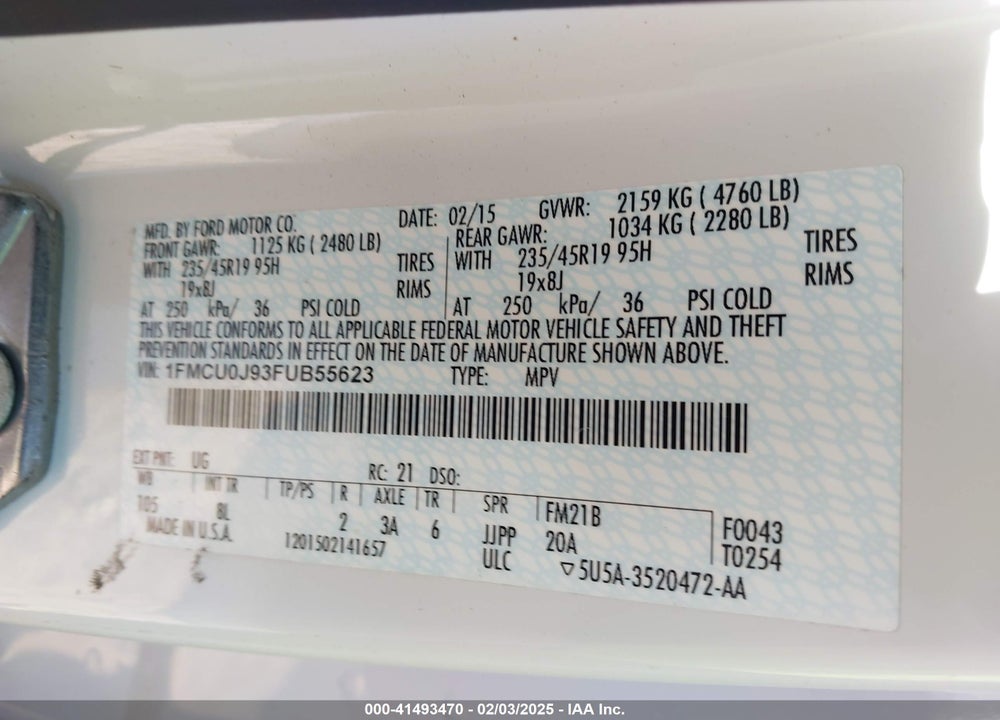 2015 FORD ESCAPE TITANIUM VIN: 1FMCU0J93FUB55623