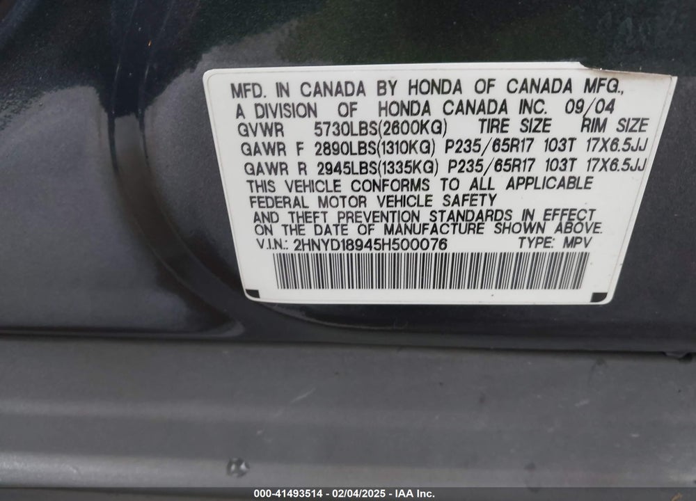 2005 ACURA MDX VIN: 2HNYD18945H500076