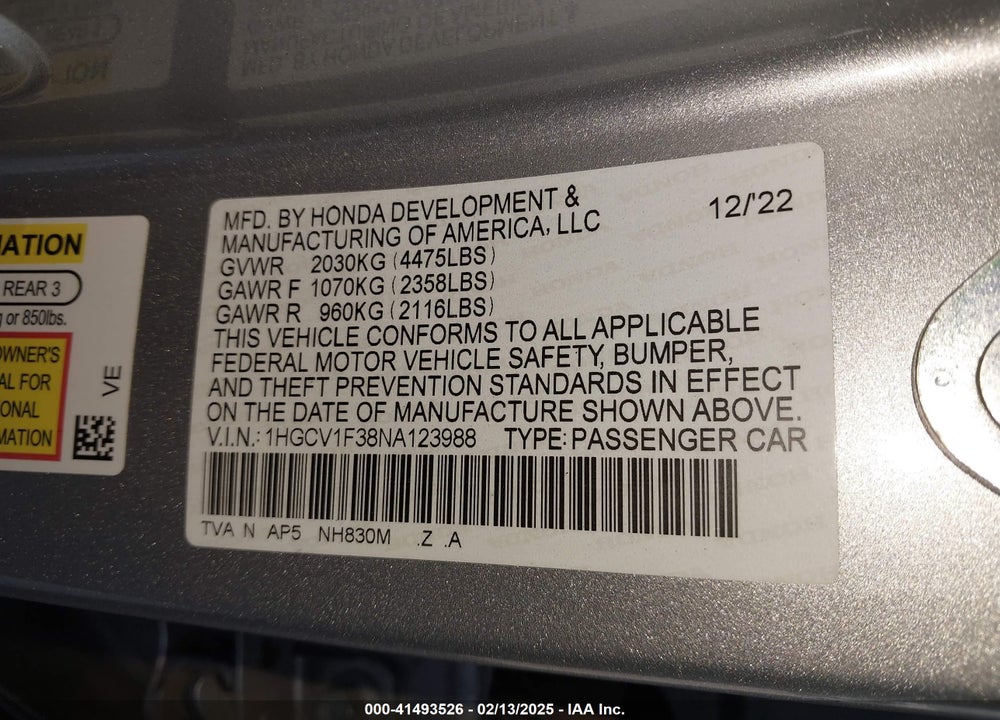 2022 HONDA ACCORD VIN: 1HGCV1F38NA123988