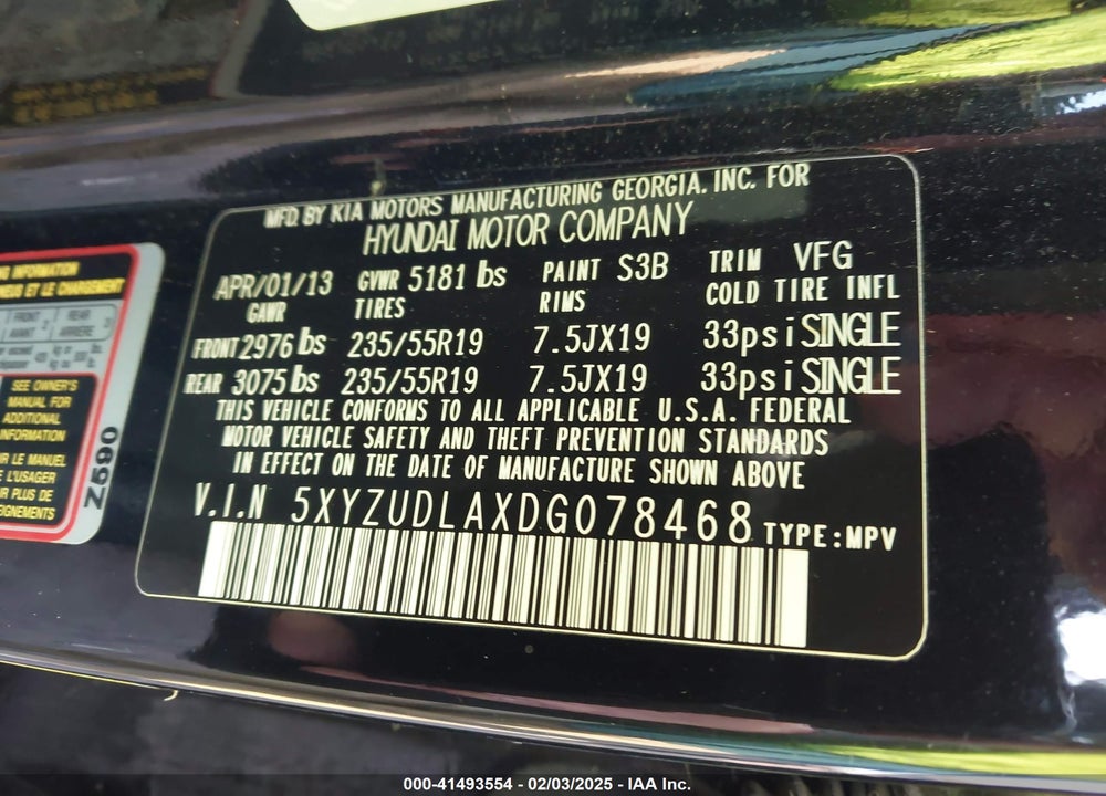 2013 HYUNDAI SANTA FE SPORT 2.0T VIN: 5XYZUDLAXDG078468