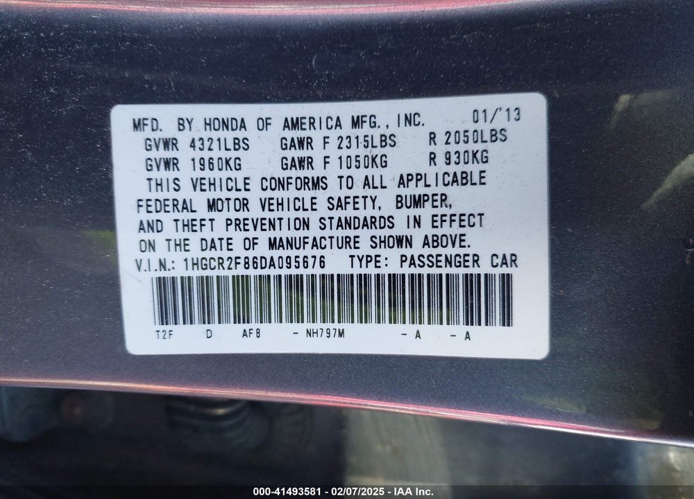 2013 HONDA ACCORD VIN: 1HGCR2F86DA095676