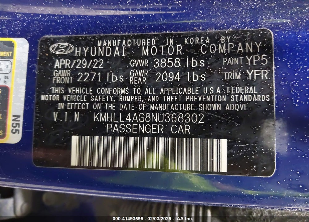 2022 HYUNDAI ELANTRA VIN: KMHLL4AG8NU368302