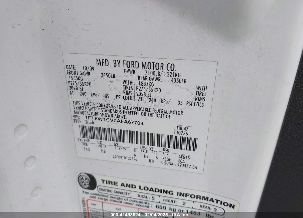 2010 FORD F-150 VIN: 1FTFW1CV0AFA67704