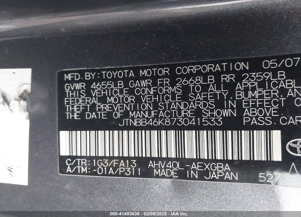 2007 TOYOTA CAMRY HYBRID VIN: JTNBB46K873041533